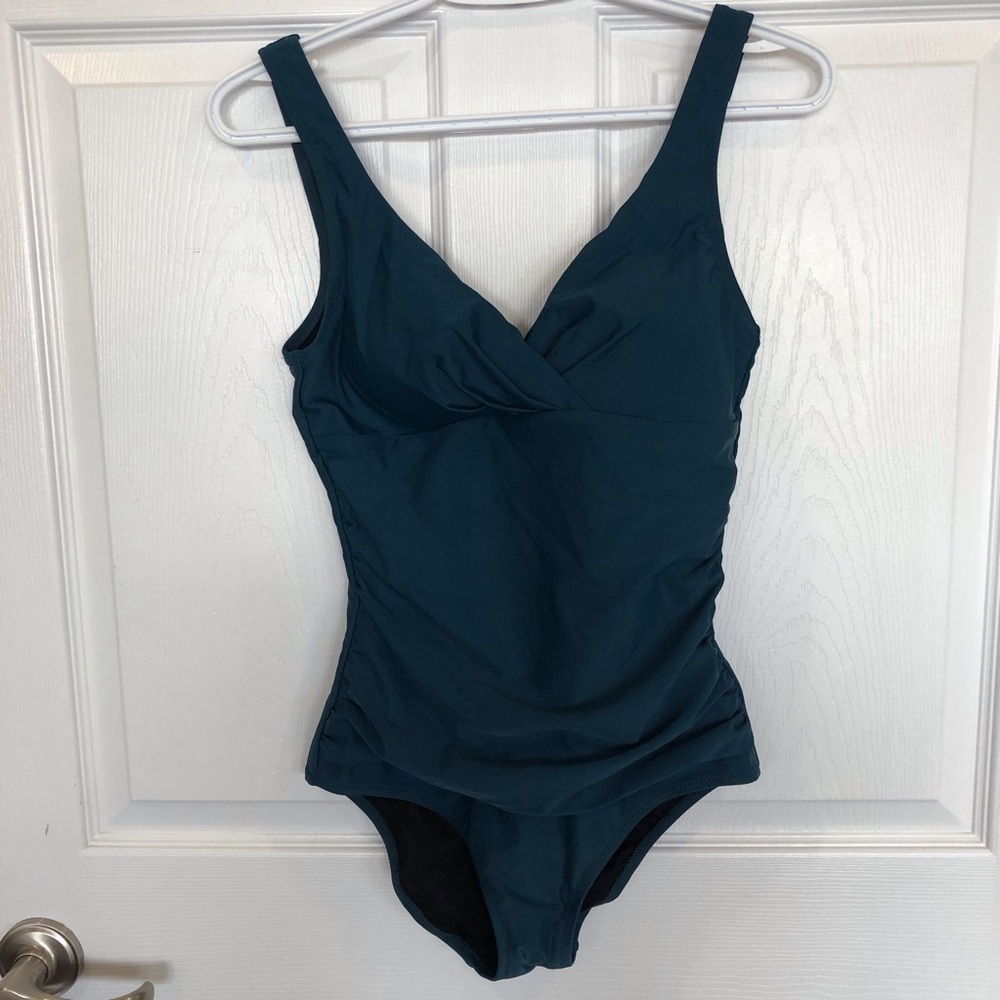 Seekers essentials one piece bathing suit teal ruching detail